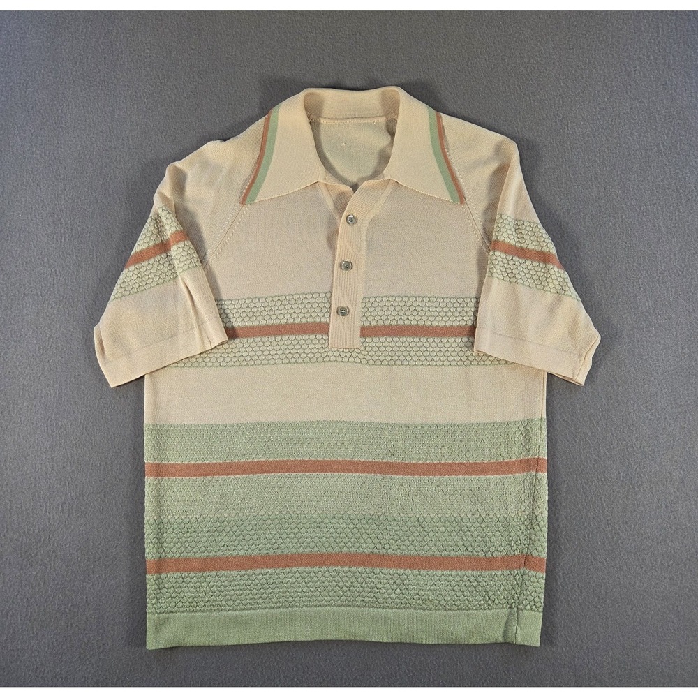 Vintage Donegal Knit Polo Shirt Mens Large Striped 70s Dagger Collar Mod Disco